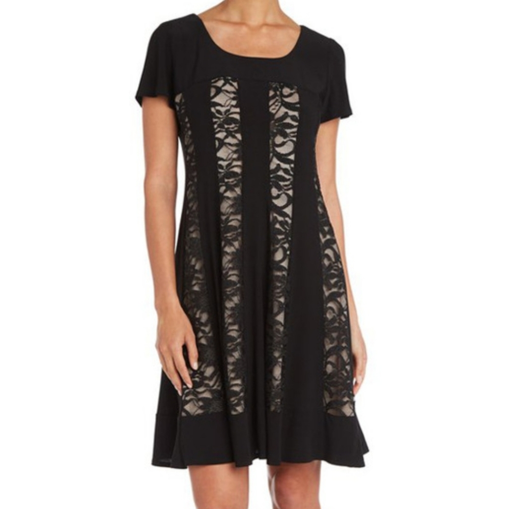 Elegant Lace Panel Princess Style Dress, Black/Nude - Size 14